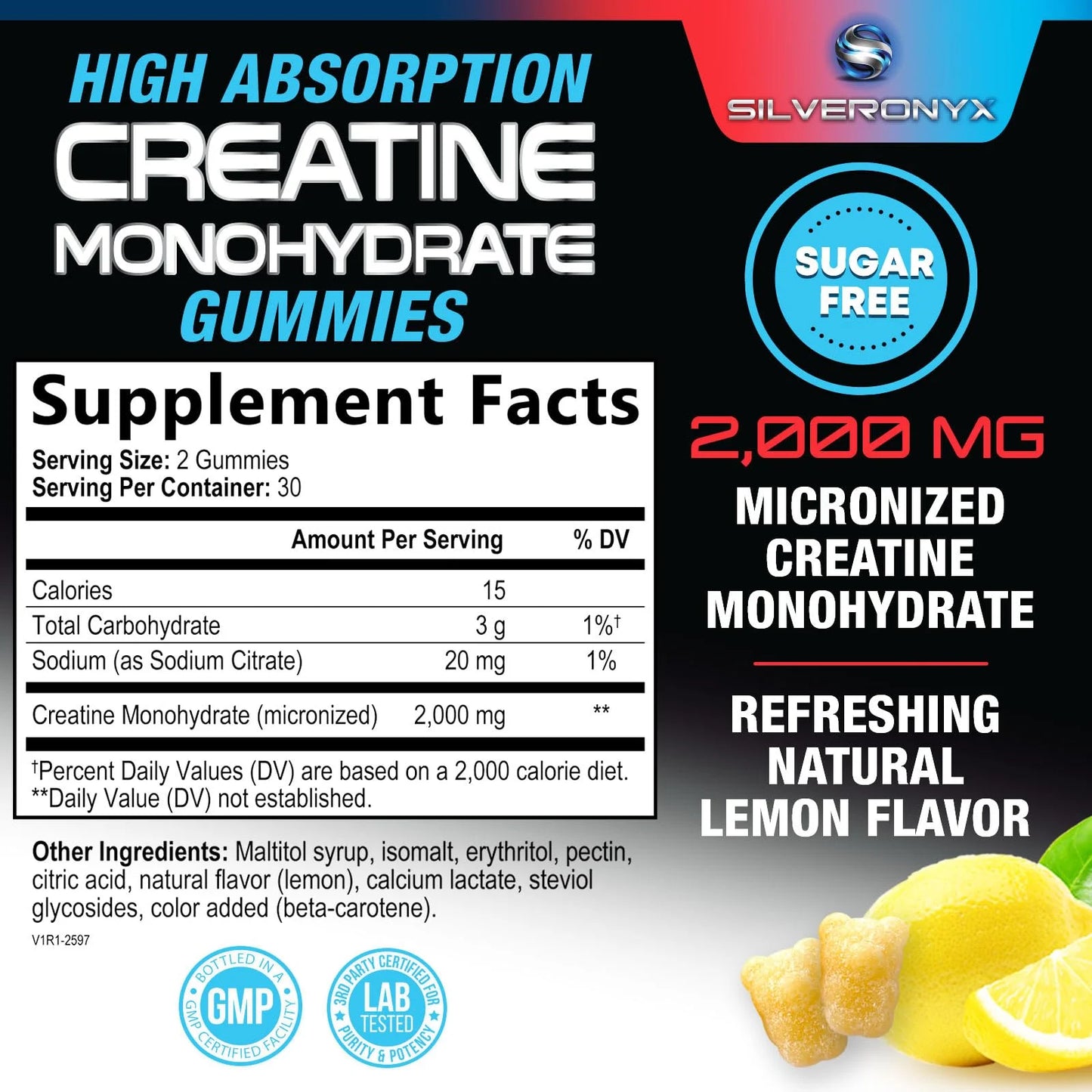 Creatine Monohydrate Gummies 2000Mg - Best Micronized, Sugar Free Creatine Chewables for Men & Women - Supports Lean Muscle, Strength, Energy, & Endurance - Non-Gmo, Gluten Free - 60 Lemon Gummies