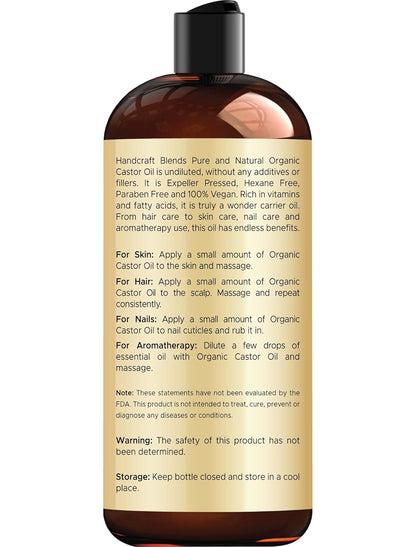 Organic Castor Oil - 16 Fl Oz - 100% Pure and Natural - Premium Grade Oil for Hair Growth, Eyelashes and Eyebrows - Carrier Oil - Hair & Body Oil - Expeller-Pressed