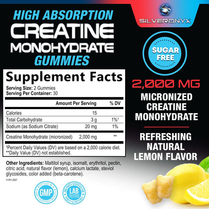 Creatine Monohydrate Gummies 2000Mg - Best Micronized, Sugar Free Creatine Chewables for Men & Women - Supports Lean Muscle, Strength, Energy, & Endurance - Non-Gmo, Gluten Free - 60 Lemon Gummies