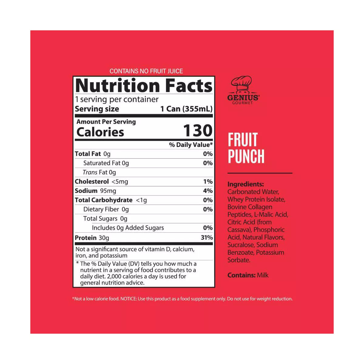 Genius Gourmet Fruit Punch Sparkling Clear 30G Protein Shakes - 12 Fl Oz