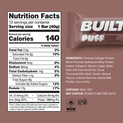 Puff Protein Snack Bars, 17G Protein, Brownie Batter, Gluten Free - 12 Pack