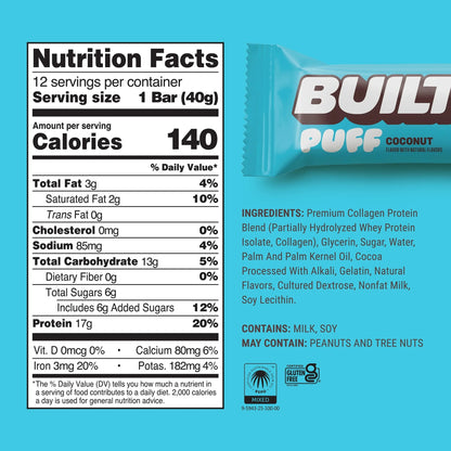 Puff Protein Snack Bars, 17G Protein, Coconut Puff, Gluten Free - 12 Pack