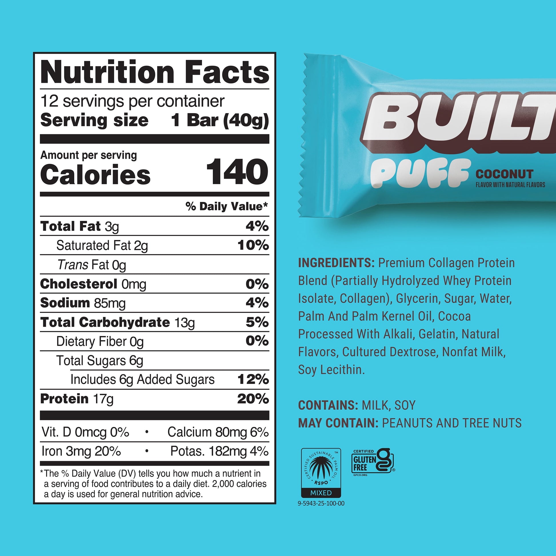 Puff Protein Snack Bars, 17G Protein, Coconut Puff, Gluten Free - 12 Pack