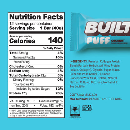 Puff Protein Snack Bars, 17G Protein, Coconut Puff, Gluten Free - 12 Pack
