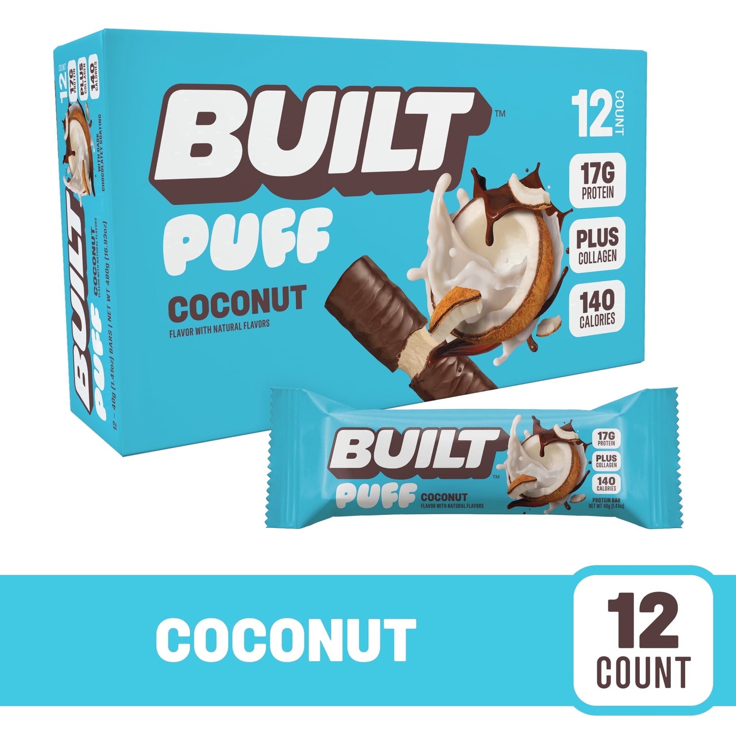 Puff Protein Snack Bars, 17G Protein, Coconut Puff, Gluten Free - 12 Pack