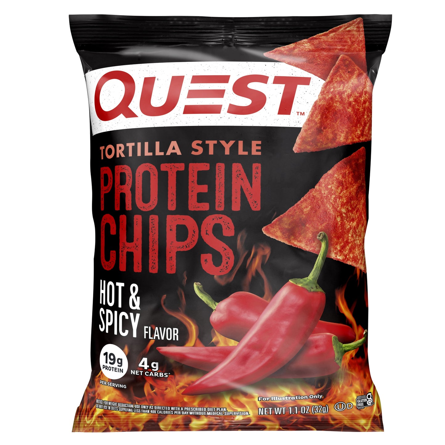 (2 Pack)  Tortilla Style Protein Chips with 19G of Protein, Hot & Spicy Flavor, 1.1 Oz Bags, 8 Count