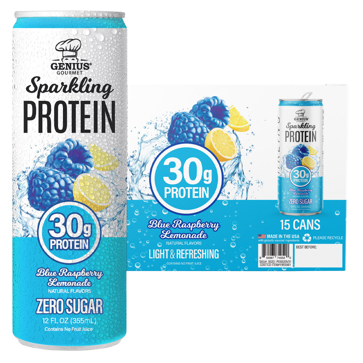 Genius Gourmet Sparkling Clear 30G Protein, Blue Raspberry Lemonade, 12 Fl Oz, 15-Pack